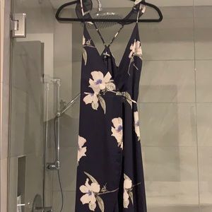 Navy blue floral wrap dress long in back